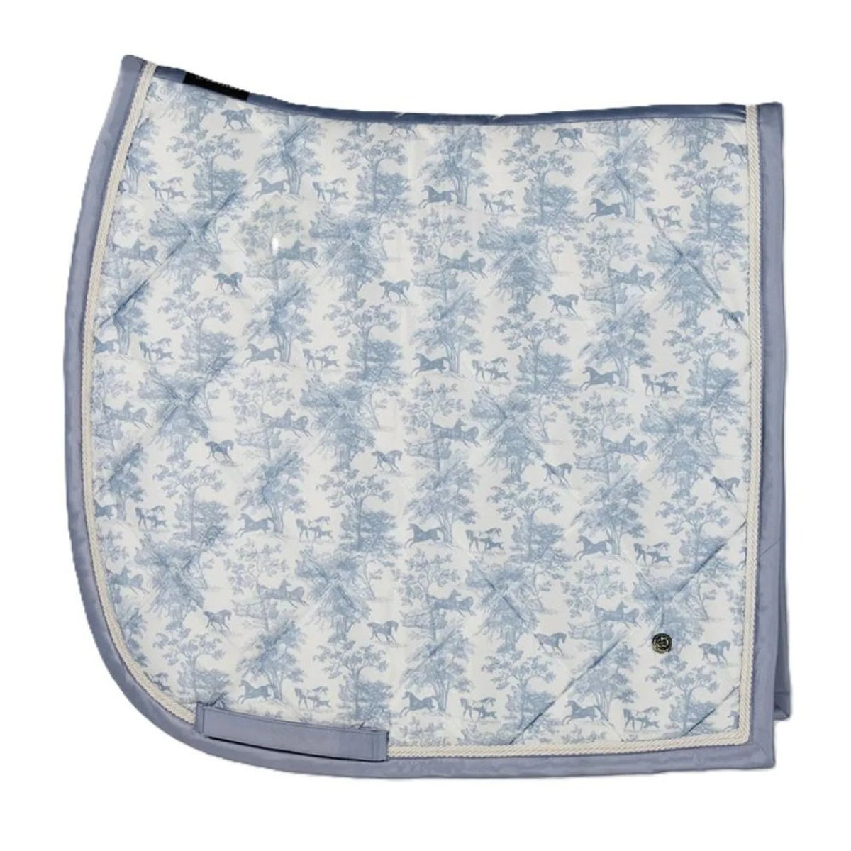 Dapplebay dressage saddle pad with blue toile horse print and grey trim