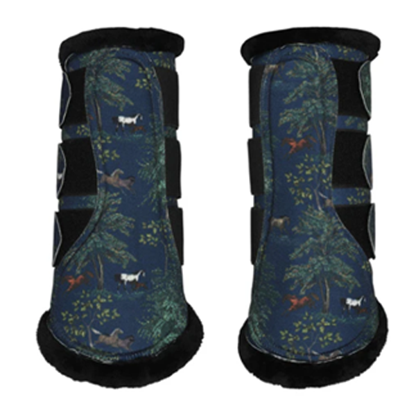 "Dapplebay Autumn Toile Brush Boots — navy fall pattern horse leg protection"